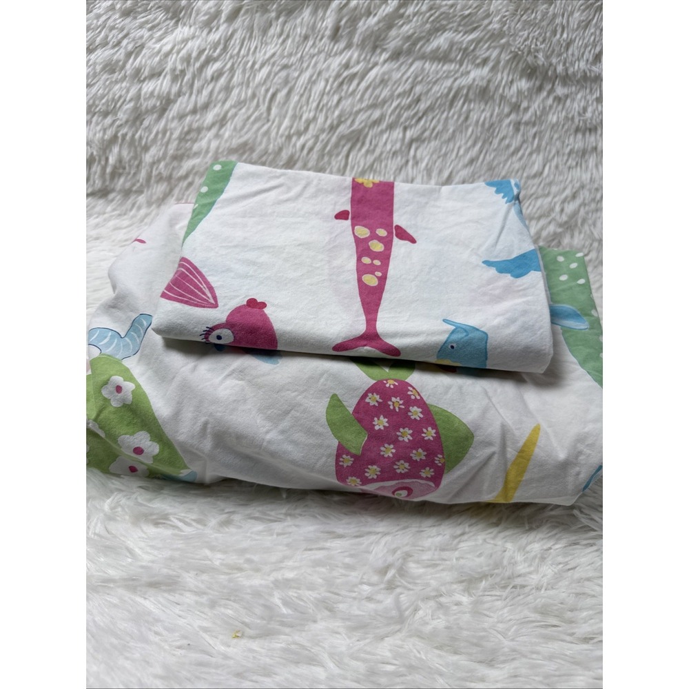 Pottery Barn Kids PBK Funny Fish Full Fitted Sheet Pillowcase Cotton Set